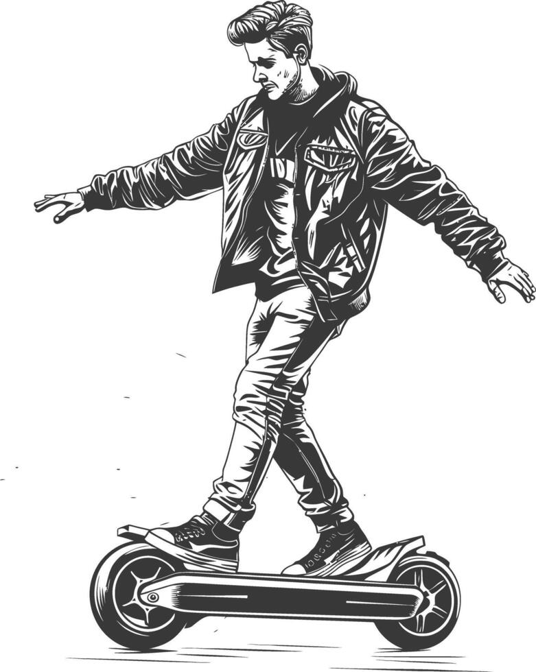 Stylish man rides an electric scooter in urban city environment vector