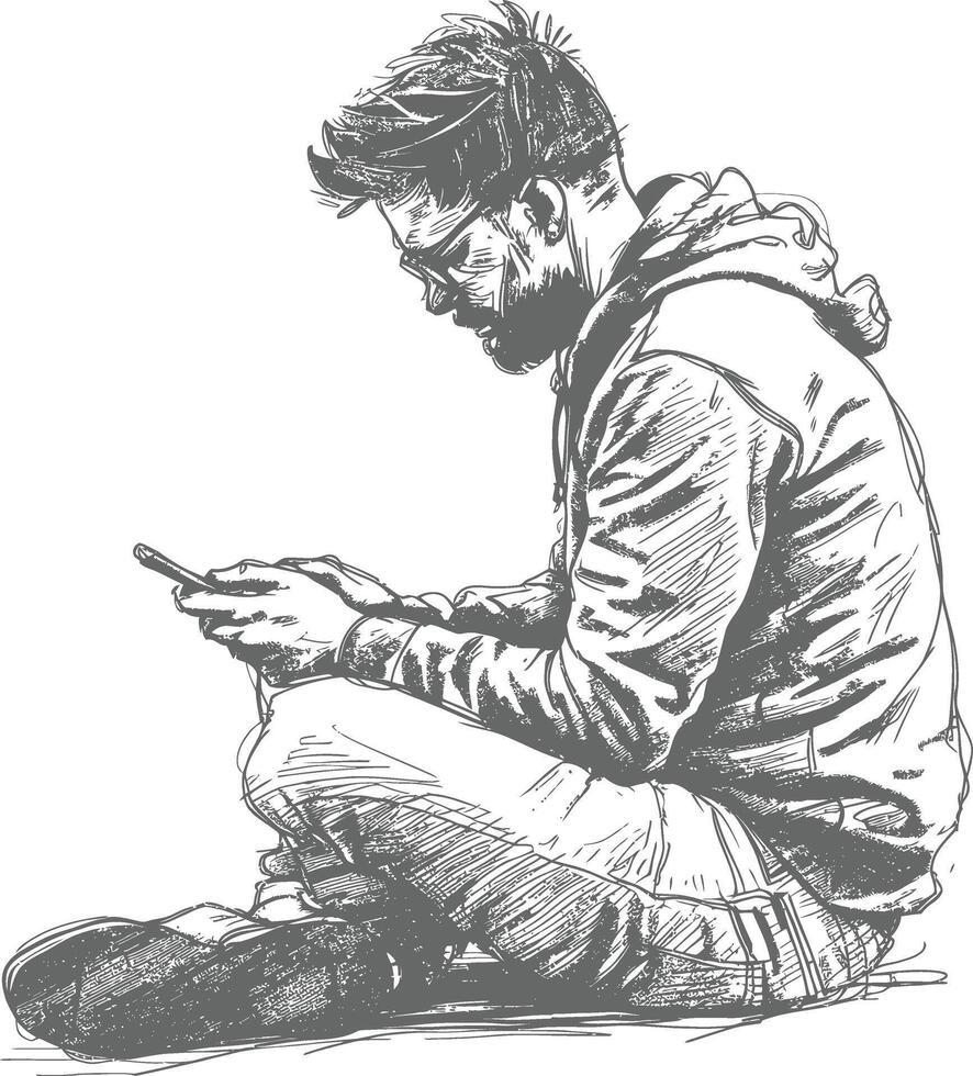 Pen sketch of a man using a smartphone vector