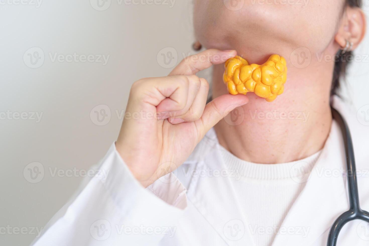 Doctor with human Thyroid anatomy model. Hyperthyroidism, Hypothyroidism, Hashimoto Thyroiditis, Thyroid Tumor and Cancer, Postpartum, Papillary Carcinoma and Health concept photo
