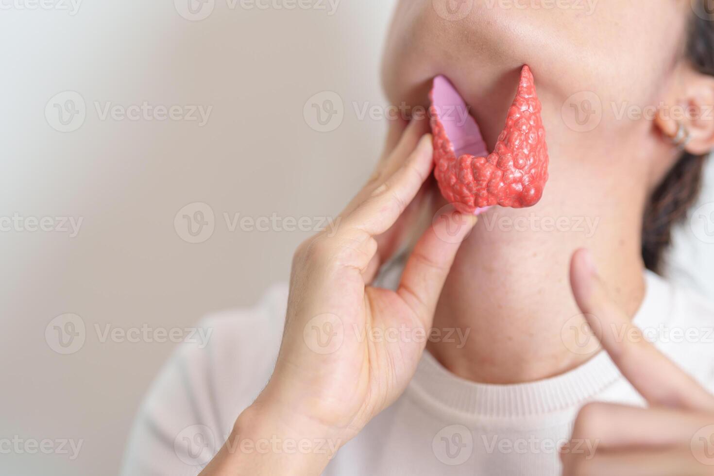 Woman holding human Thyroid anatomy model with her Neck. Hyperthyroidism, Hypothyroidism, Hashimoto Thyroiditis, Thyroid Tumor and Cancer, Postpartum, Papillary Carcinoma and Health concept photo