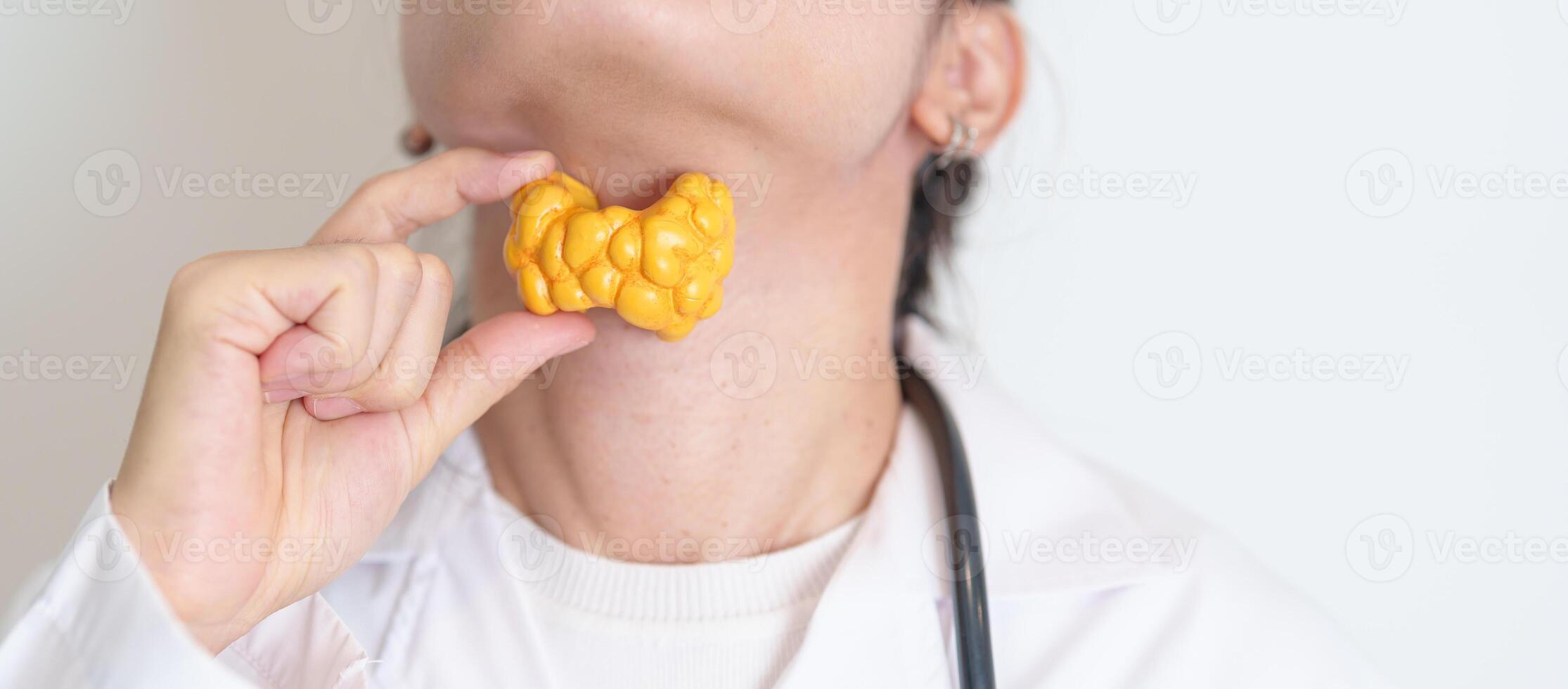 Doctor with human Thyroid anatomy model. Hyperthyroidism, Hypothyroidism, Hashimoto Thyroiditis, Thyroid Tumor and Cancer, Postpartum, Papillary Carcinoma and Health concept photo