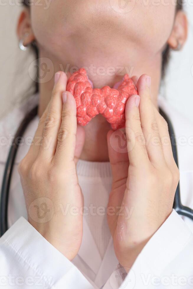 Doctor with human Thyroid anatomy model. Hyperthyroidism, Hypothyroidism, Hashimoto Thyroiditis, Thyroid Tumor and Cancer, Postpartum, Papillary Carcinoma and Health concept photo