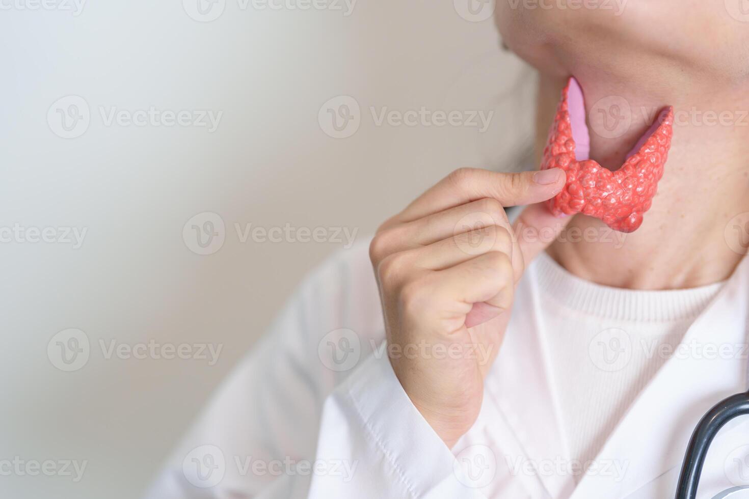 Doctor with human Thyroid anatomy model. Hyperthyroidism, Hypothyroidism, Hashimoto Thyroiditis, Thyroid Tumor and Cancer, Postpartum, Papillary Carcinoma and Health concept photo
