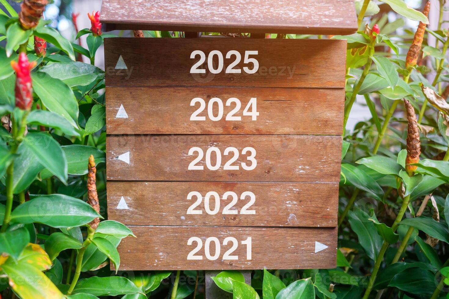 Wood Signpost with Years of 2025, 20234 2023, 2022 and 2021, Direction sign for choose the future. Resolution, strategy, plan, goal, forward, motivation, reboot, business and New Year holiday concepts photo