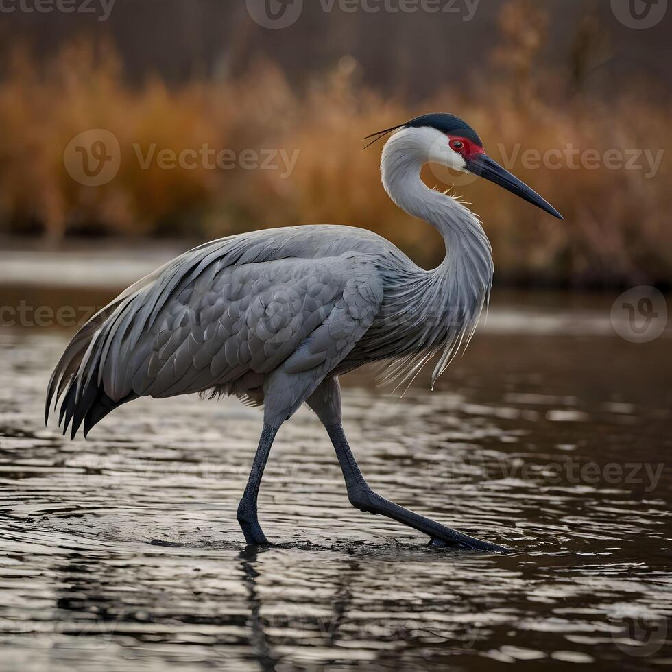 AI Crain bird walking on a lake photo