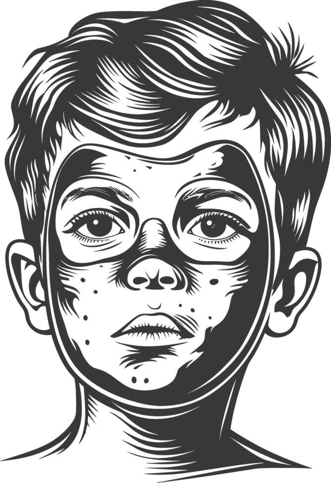 little boy using beauty cosmetic face mask with engraving style vector