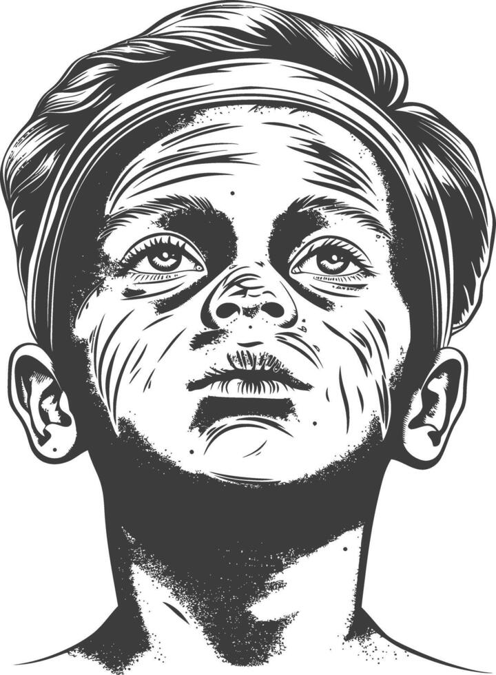little boy using beauty mask with engraving style vector