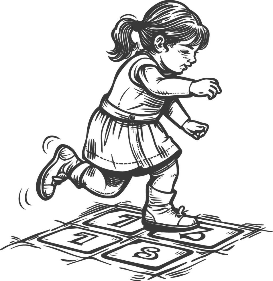 little girl playing hopscotch game with engraving style vector