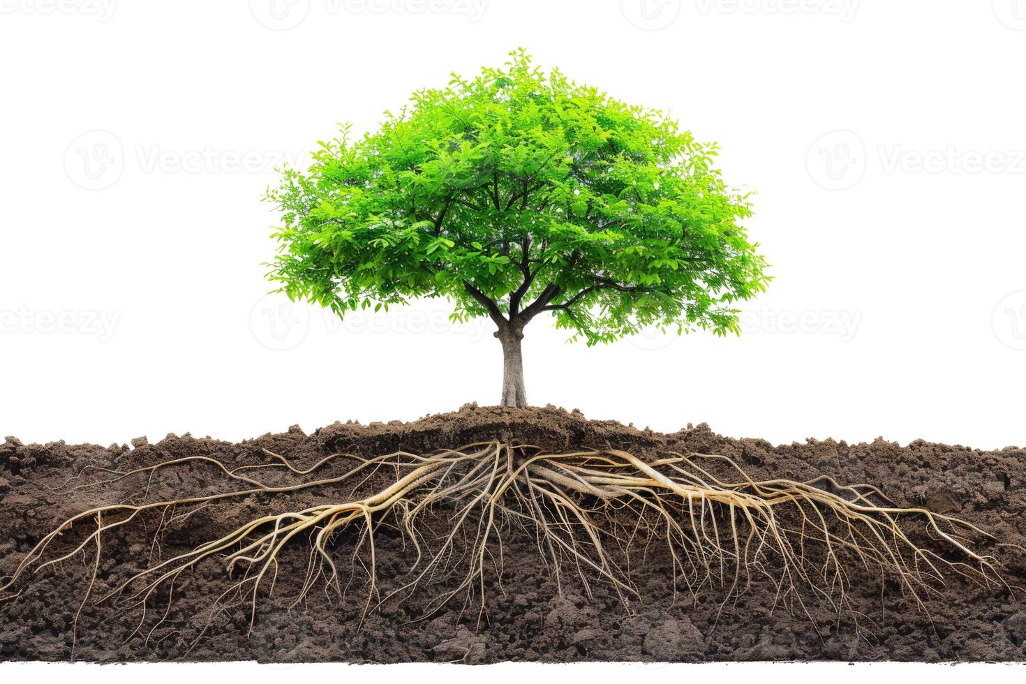 Tree with Visible Roots in Soil on White Background photo