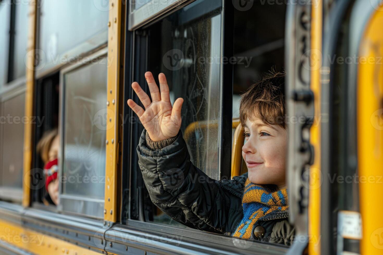 Happy Child Waving from School Bus Window photo