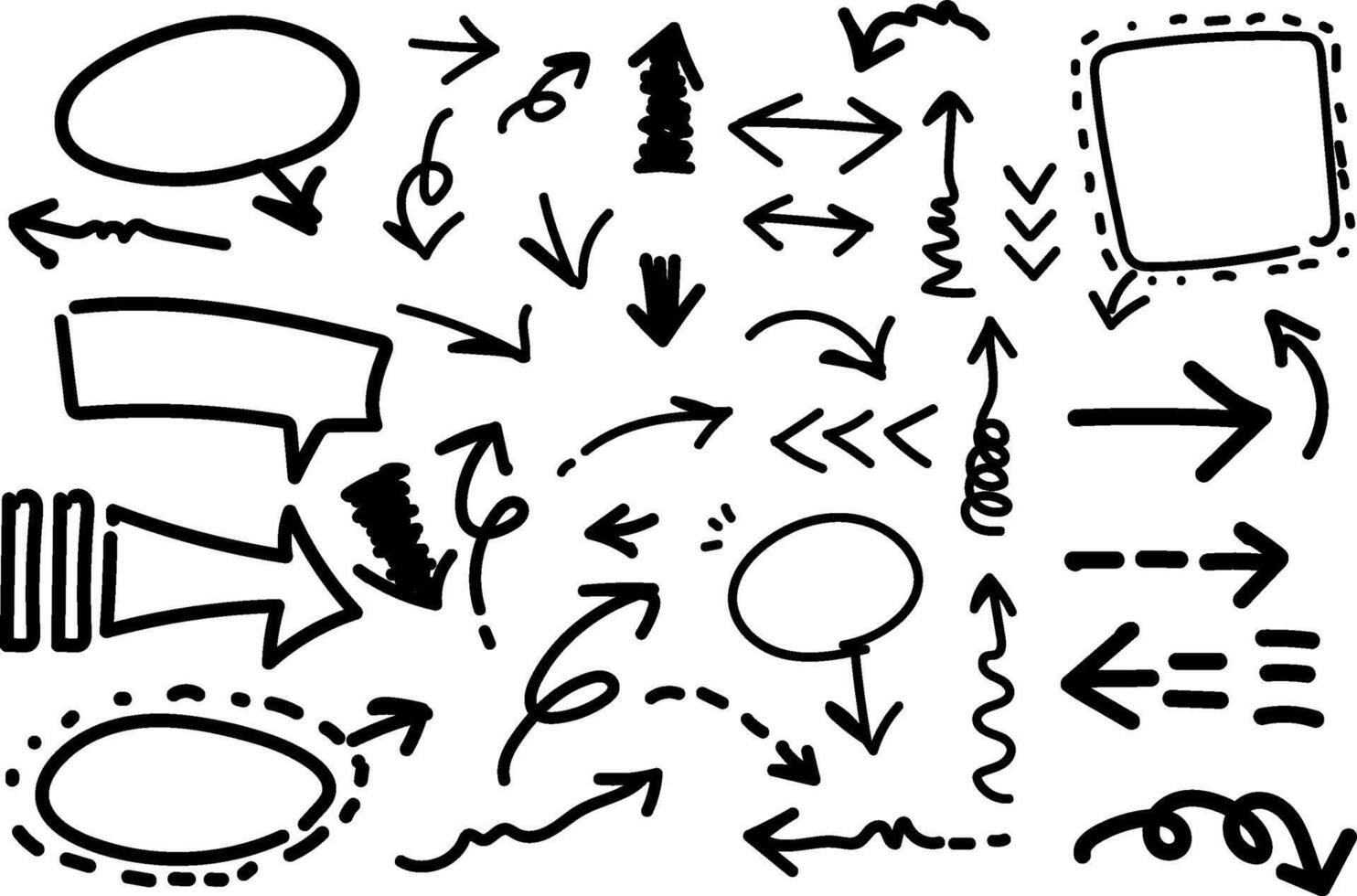 Hand drawn arrows set. Big set of flat arrows isolated on white background. vector