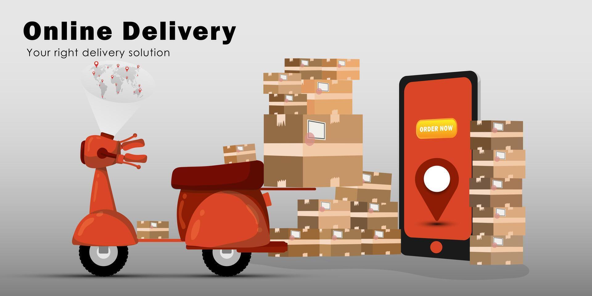 Fast delivery by scooter on mobile. E-commerce concept. vector
