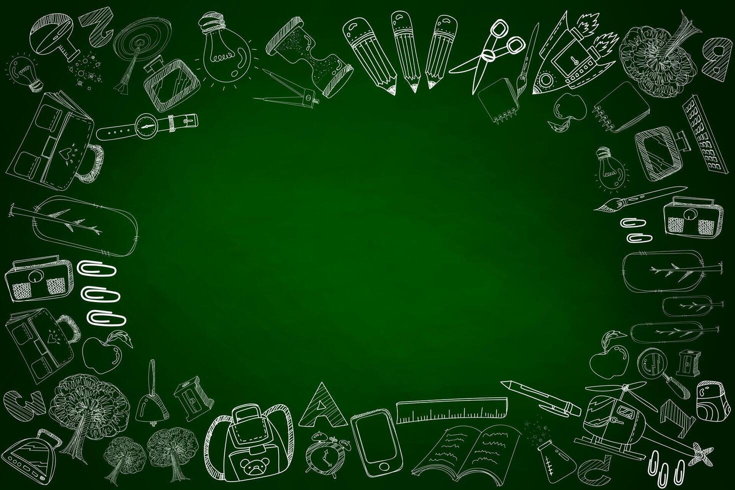 School background. Green chalkboard with Hand-drawn chalk school supplies. vector