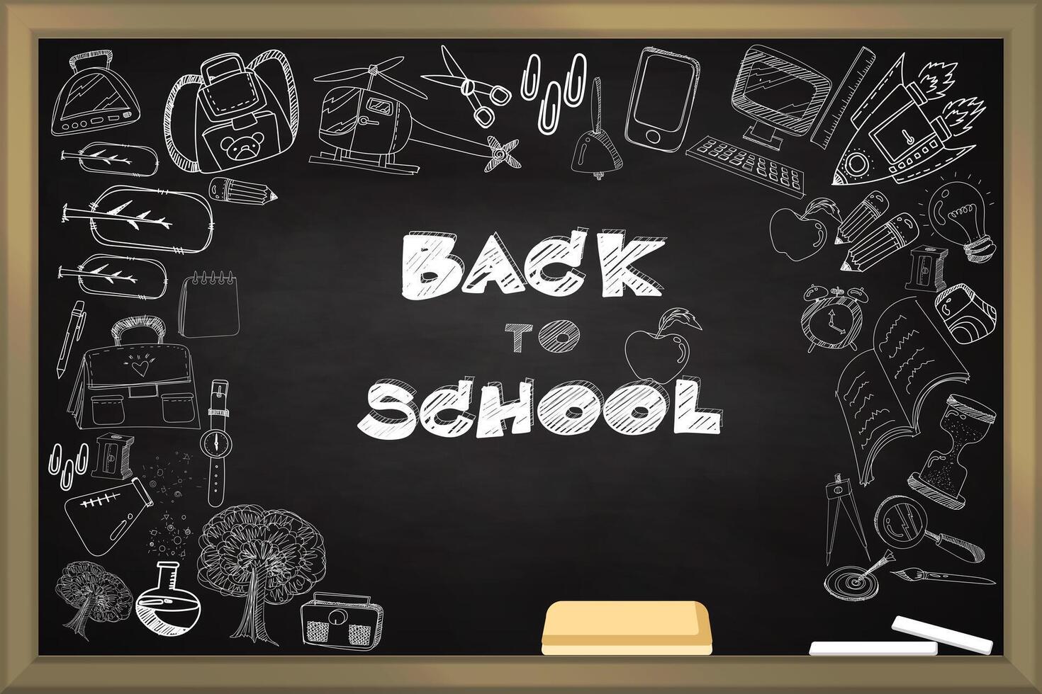 Back to school creative banner sketch on the blackboard, chalk drawn back to school vector