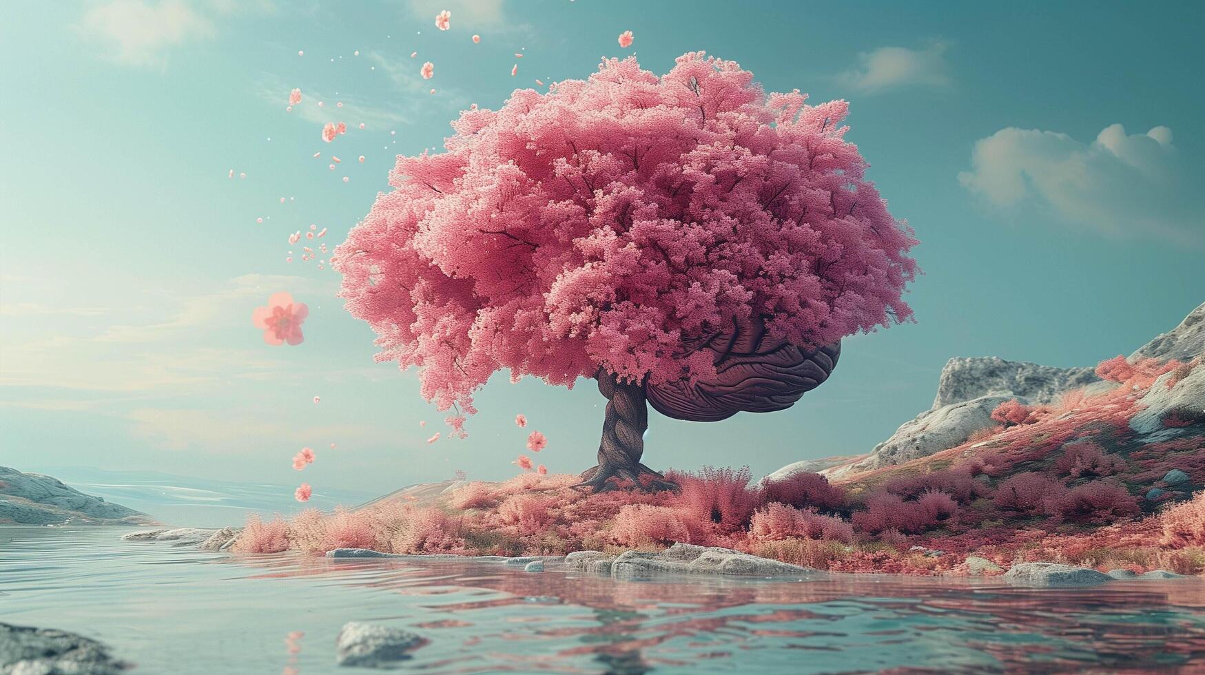 A creative concept of the human brain as an elegant tree with flowers, set against a soft blue background. The floral elements and organic shape create a harmonious composition that represents growth. photo