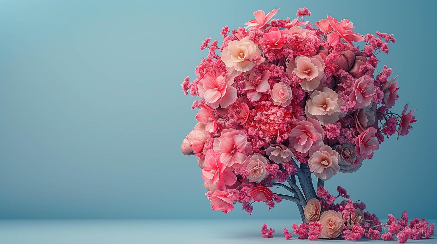 A creative concept of the human brain as an elegant tree with flowers, set against a soft blue background. The floral elements and organic shape create a harmonious composition that represents growth. photo