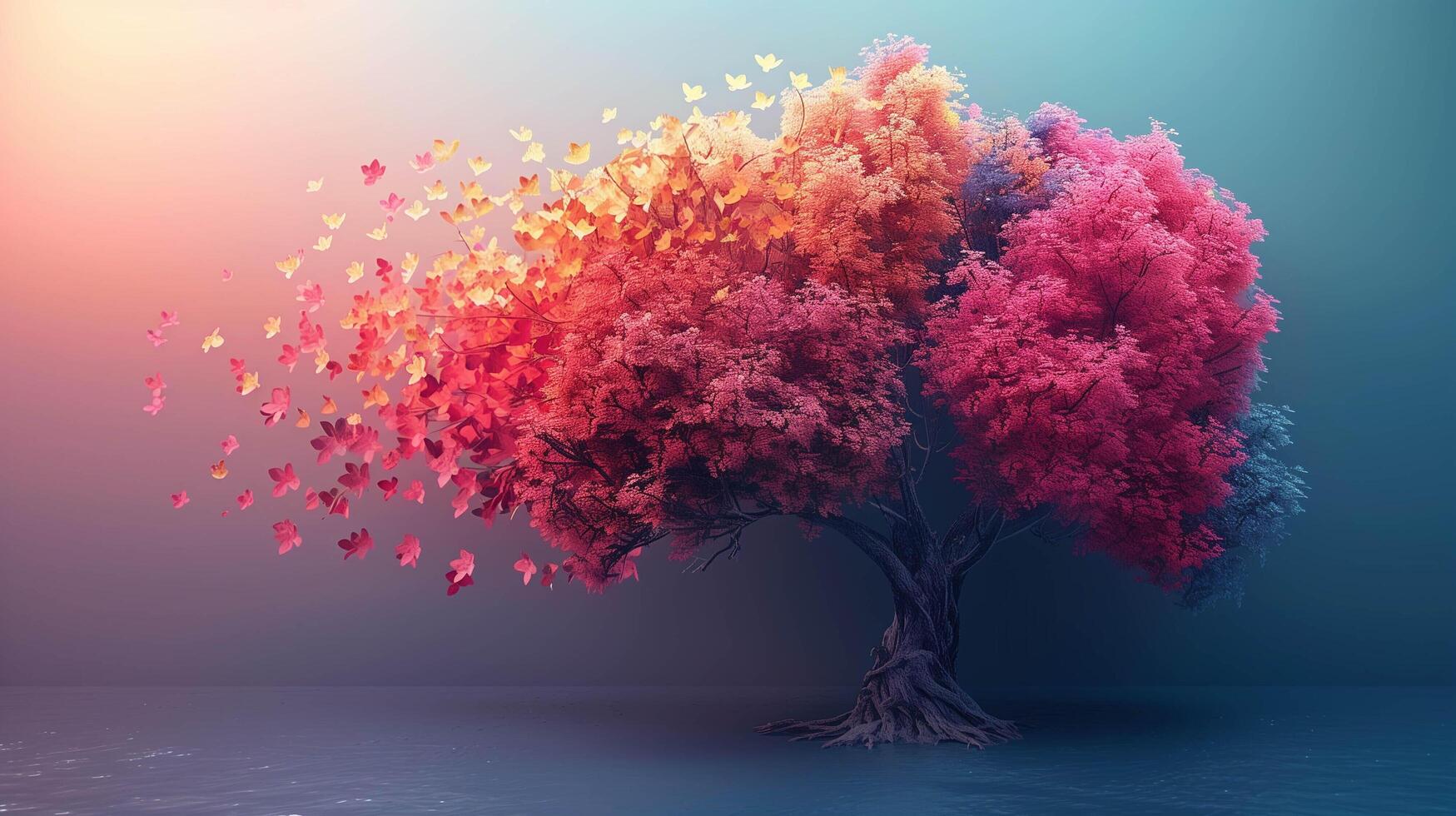 A creative concept of the human brain as an elegant tree with flowers, set against a soft blue background. The floral elements and organic shape create a harmonious composition that represents growth. photo