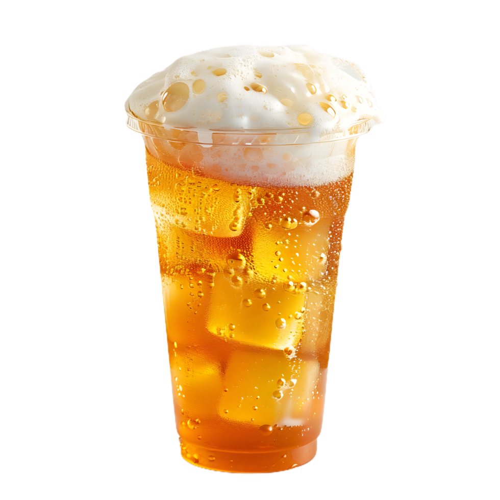 a glass of beer with ice and foam on top png