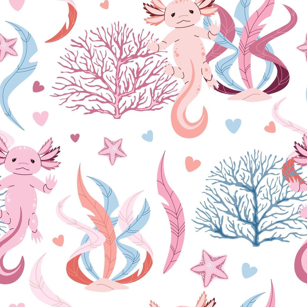 Seamless pattern with cartoon doodle axolotl. Background with cute sea creature in flat style. Suitable for decoration, design, stickers vector