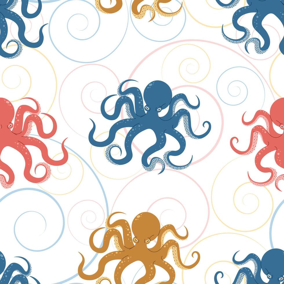 Seamless pattern with cartoon doodle octopus. Background with sea creature in flat style. Suitable for decoration, design, stickers vector