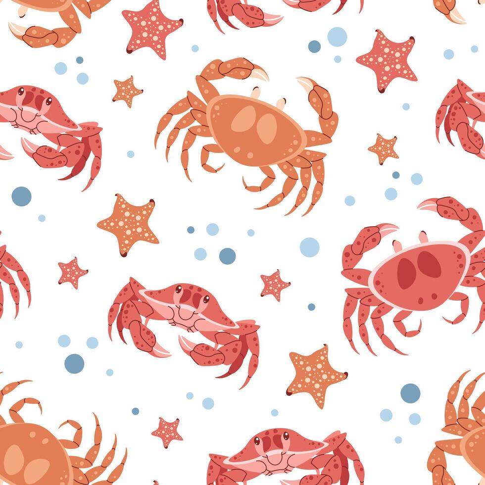 Seamless pattern with cartoon crab. Background with sea animal, seaweed in flat style. Suitable for decoration, design, stickers vector