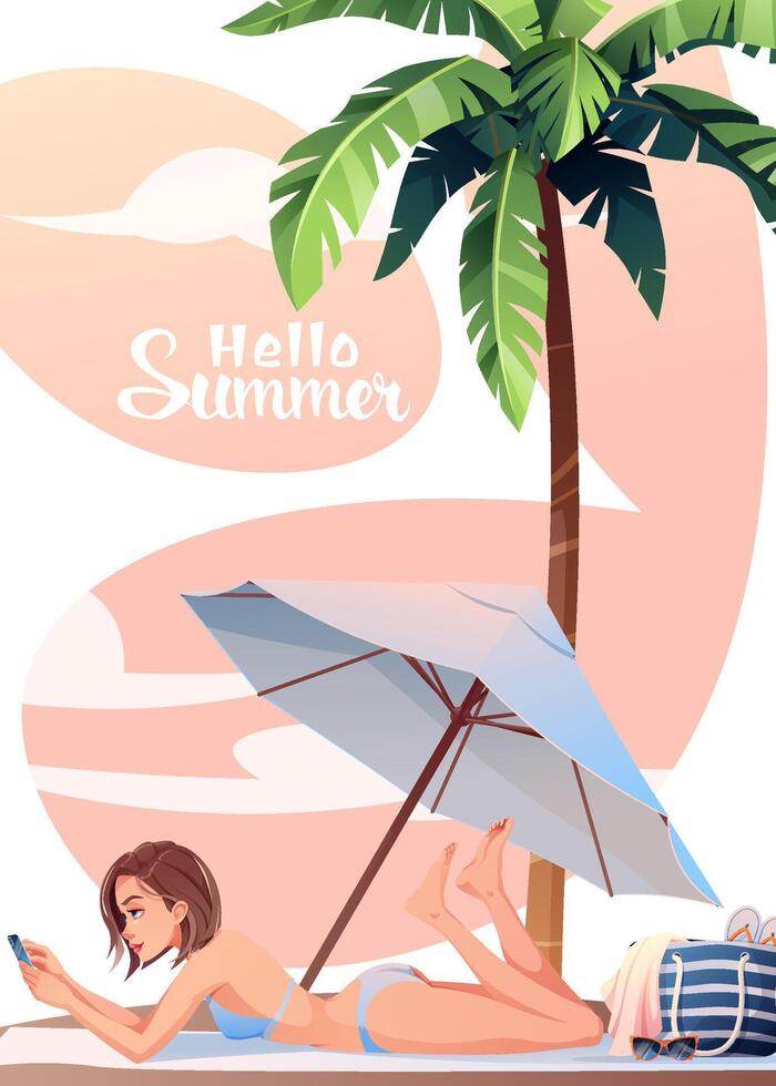 Postcard with Beautiful woman sunbathing under an umbrella on a tropical beach. A relaxing holiday at sea. Summer holiday, beach, relaxation. For cards, banners, posters. Hello summer. vector