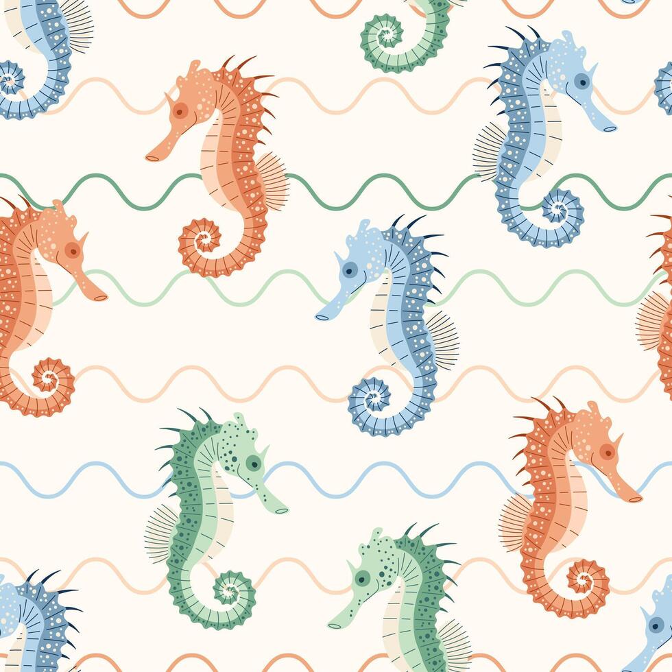 Seamless pattern with cartoon doodle seahorse. Background with sea animal in flat style. Suitable for decoration, design, stickers vector
