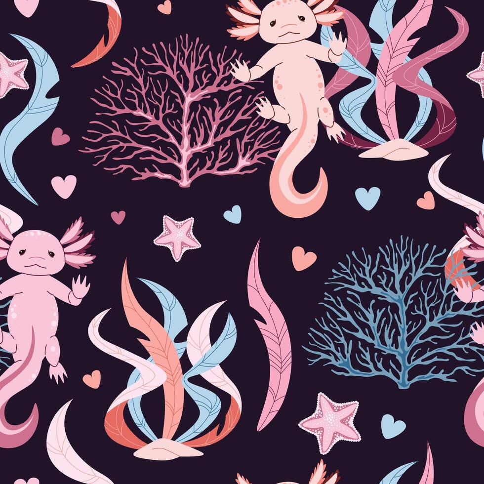 Seamless pattern with cartoon doodle axolotl. Background with cute sea creature in flat style. Suitable for decoration, design, stickers vector
