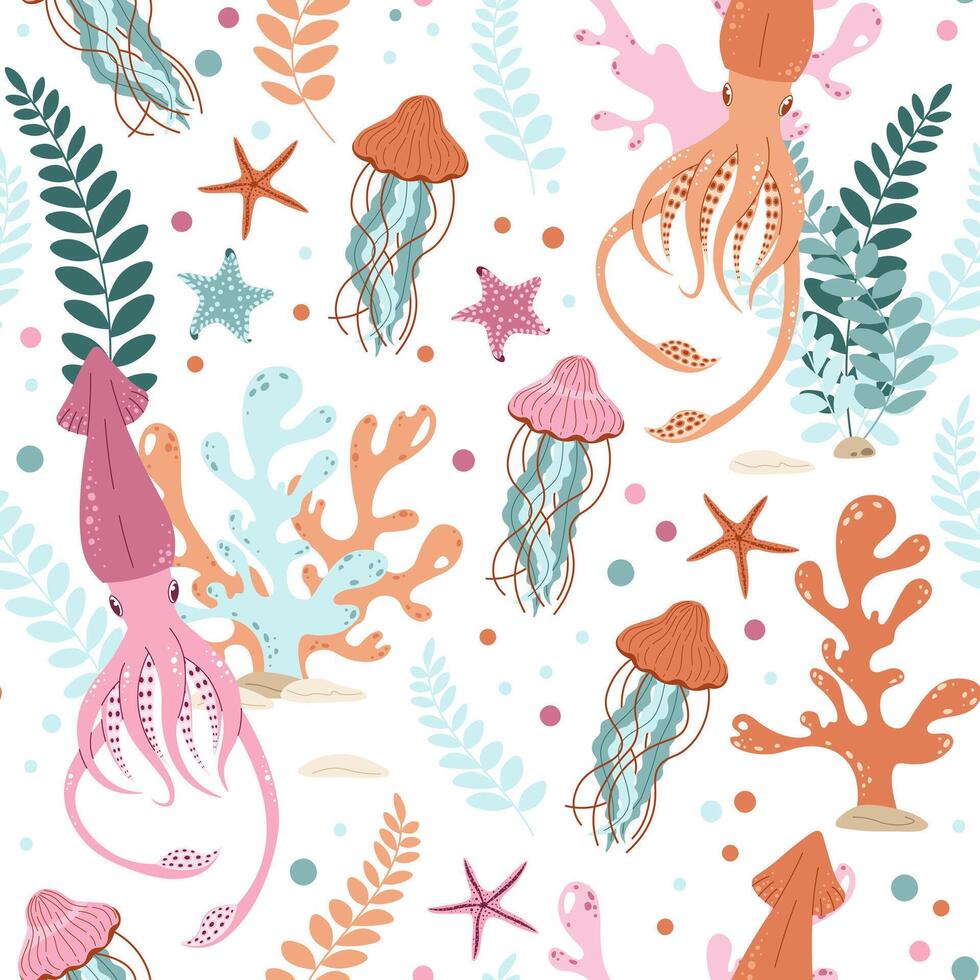 Seamless pattern with cartoon doodle squid. Background with sea life in flat style. Suitable for decoration, design, stickers vector