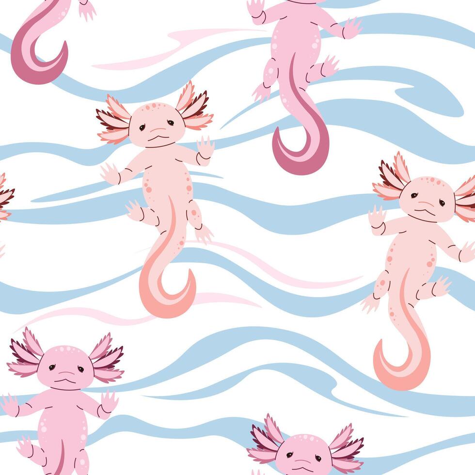 Seamless pattern with cartoon doodle axolotl. Background with cute sea creature in flat style. Suitable for decoration, design, stickers vector