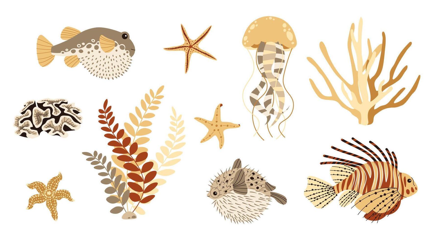 Hand drawn ocean creatures in flat doodle style. sea creatures on isolated background. Suitable for stickers, design, decoration. vector