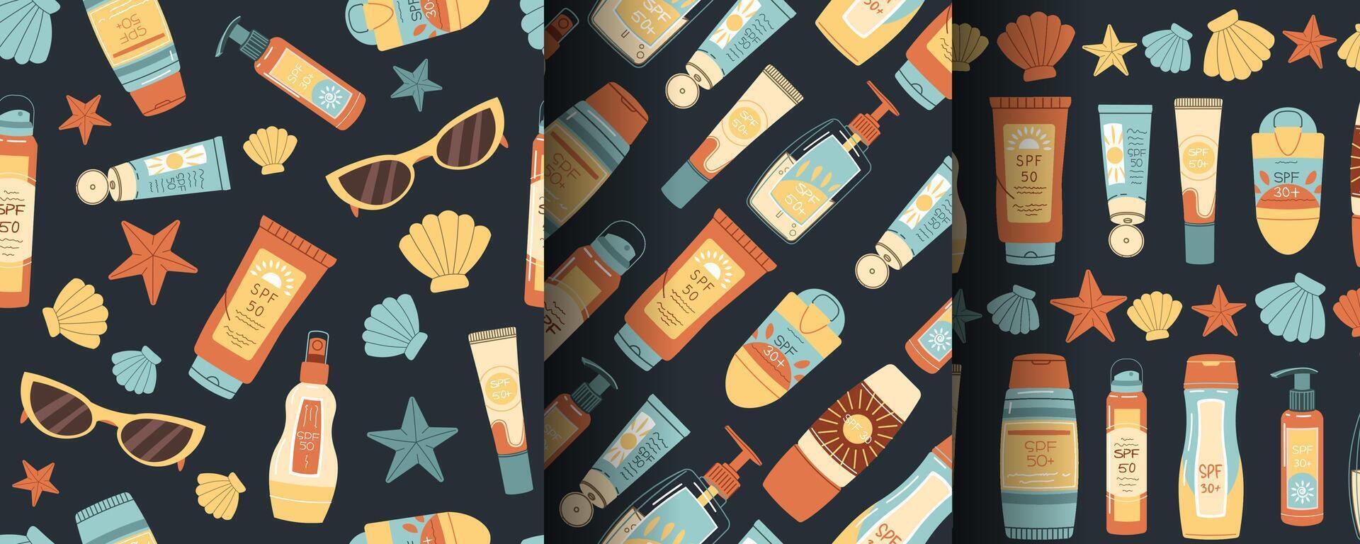Seamless pattern with skin care products. Set of backgrounds with spf sunscreens, glasses and seashells, etc. Skin and body care. vector