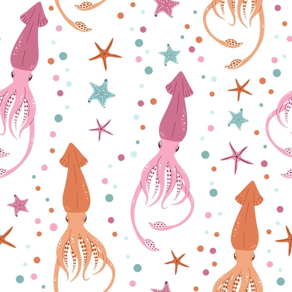 Seamless pattern with cartoon doodle squid. Background with sea life in flat style. Suitable for decoration, design, stickers vector