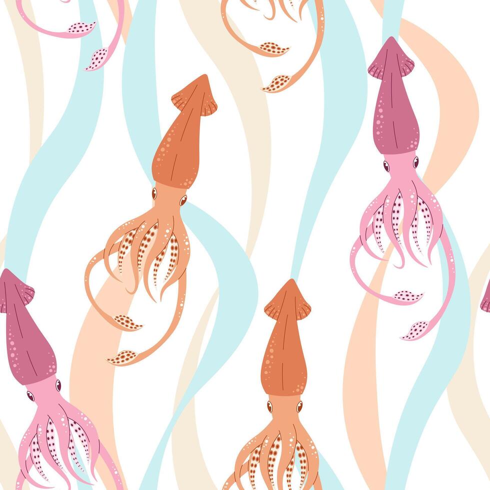 Seamless pattern with cartoon doodle squid. Background with sea life in flat style. Suitable for decoration, design, stickers vector