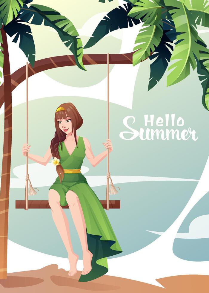 Postcard with Woman is engaged in active recreation on the beach. woman enjoys a moment of relaxation while swinging on a swing on a tropical beach in summer. Summer holiday, beach, vacation. vector