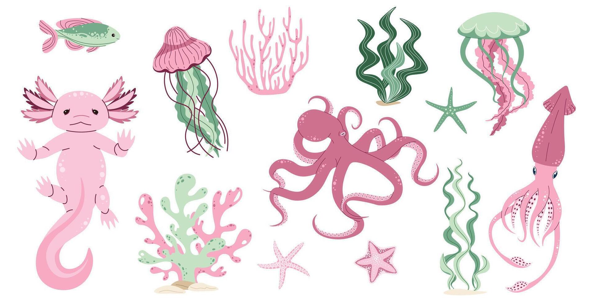 Hand drawn sea creatures in flat doodle style. Ocean inhabitants on an isolated background. Suitable for sticker, design, decoration. vector