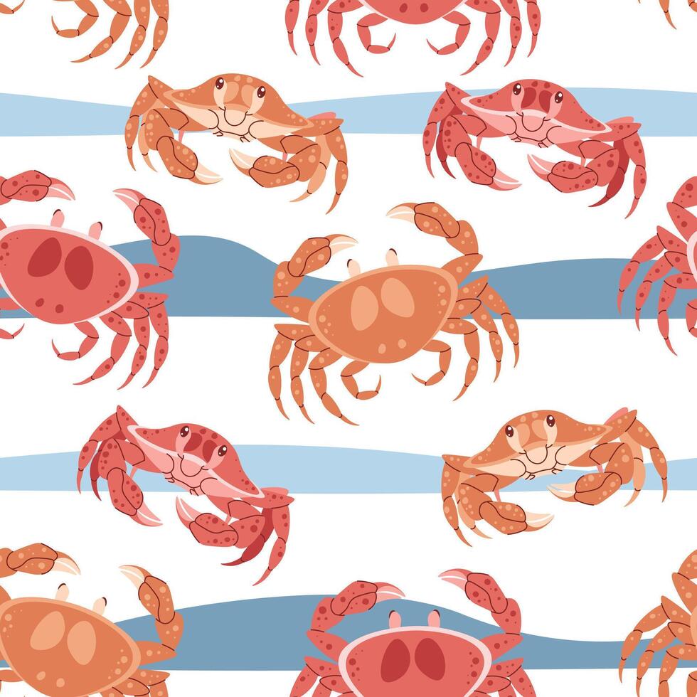 Seamless pattern with cartoon crab. Background with sea animal, seaweed in flat style. Suitable for decoration, design, stickers vector