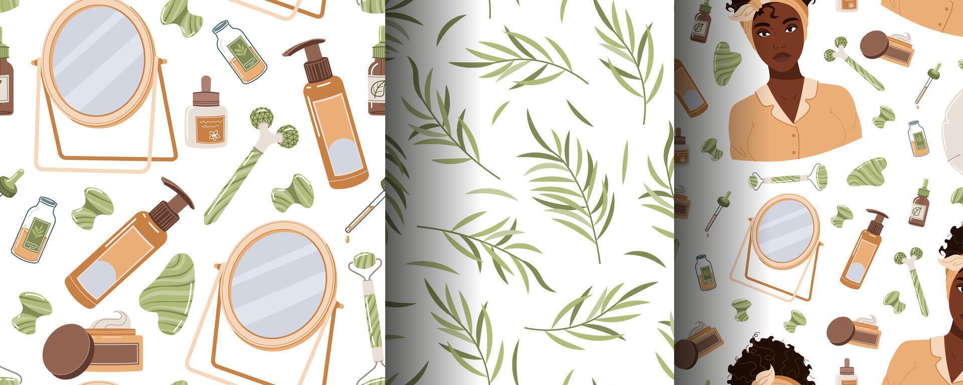 Seamless pattern with skin care products. A set of backgrounds with beauty products, creams, gua sha, etc. Skin and body care vector