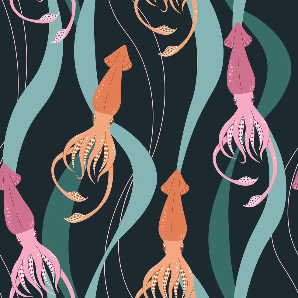 Seamless pattern with cartoon doodle squid. Background with sea life in flat style. Suitable for decoration, design, stickers vector