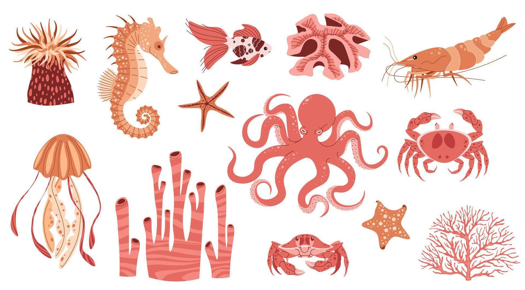 Hand drawn sea creatures in flat doodle style. Ocean inhabitants on an isolated background. Suitable for sticker, design, decoration. vector