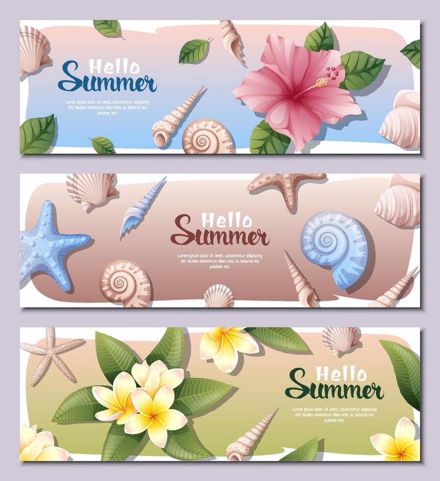 Set of banners for summer sale.. Background with tropical flowers, starfish and shells. Suitable for banners, posters, backgrounds. vector
