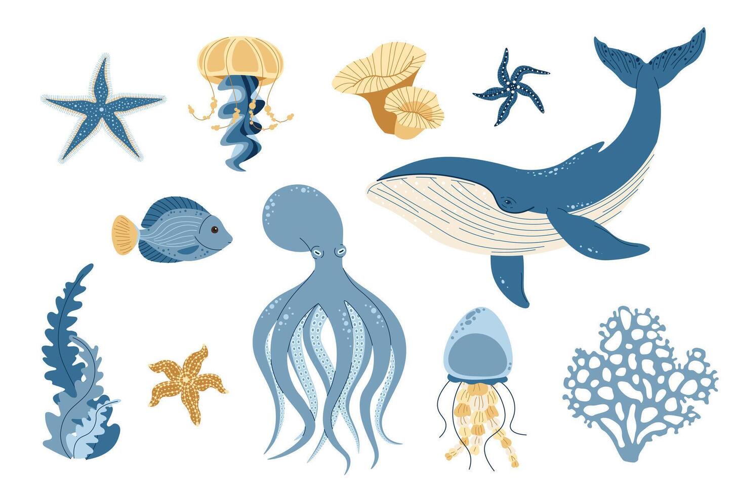 Hand drawn ocean creatures in flat doodle style. sea creatures on isolated background. Suitable for stickers, design, decoration. vector