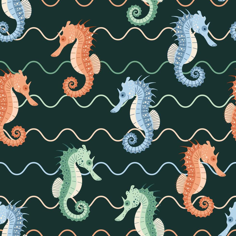 Seamless pattern with cartoon doodle seahorse. Background with sea animal in flat style. Suitable for decoration, design, stickers vector