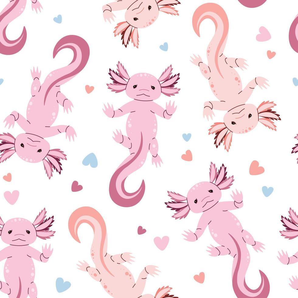 Seamless pattern with cartoon doodle axolotl. Background with cute sea creature in flat style. Suitable for decoration, design, stickers vector