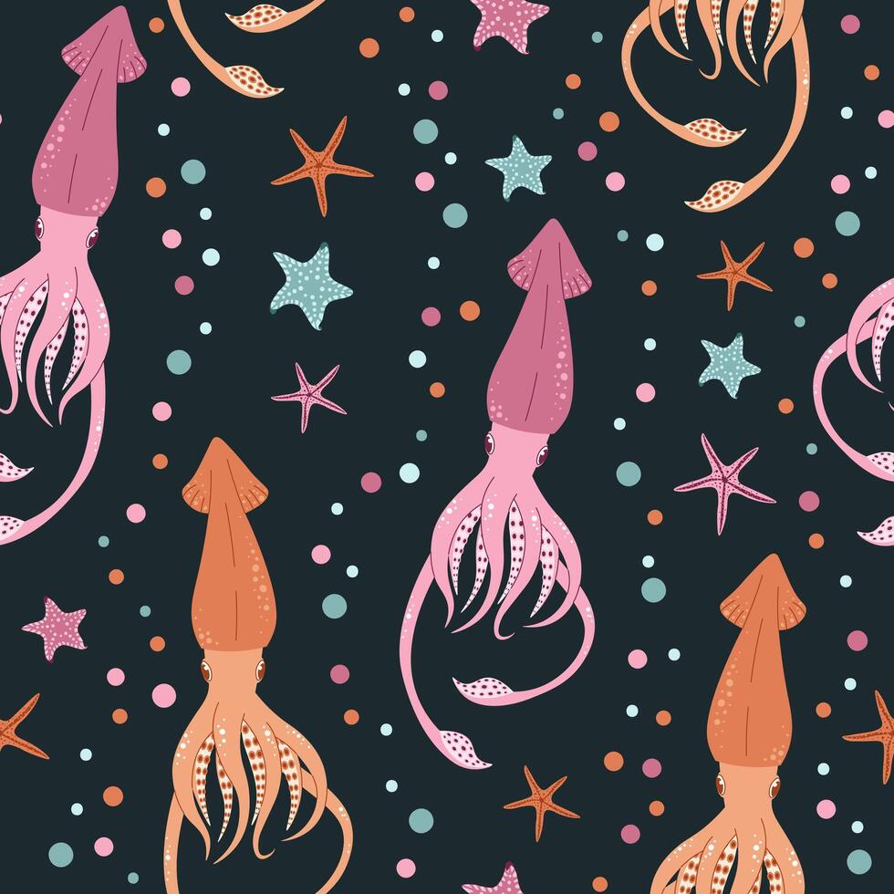 Seamless pattern with cartoon doodle squid. Background with sea life in flat style. Suitable for decoration, design, stickers vector