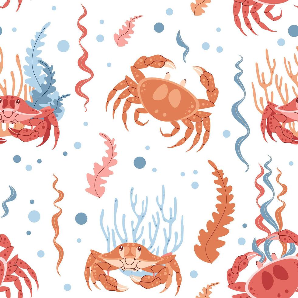 Seamless pattern with cartoon crab. Background with sea animal, seaweed in flat style. Suitable for decoration, design, stickers vector