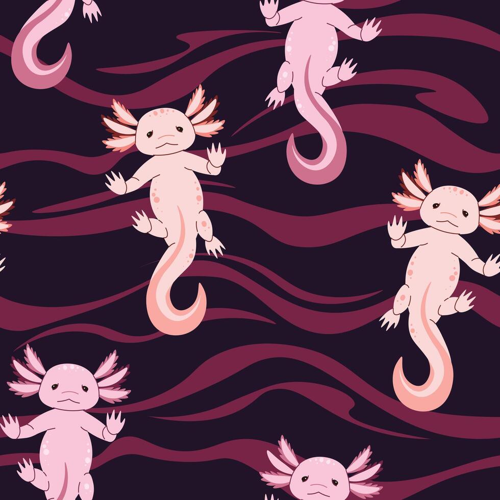 Seamless pattern with cartoon doodle axolotl. Background with cute sea creature in flat style. Suitable for decoration, design, stickers vector