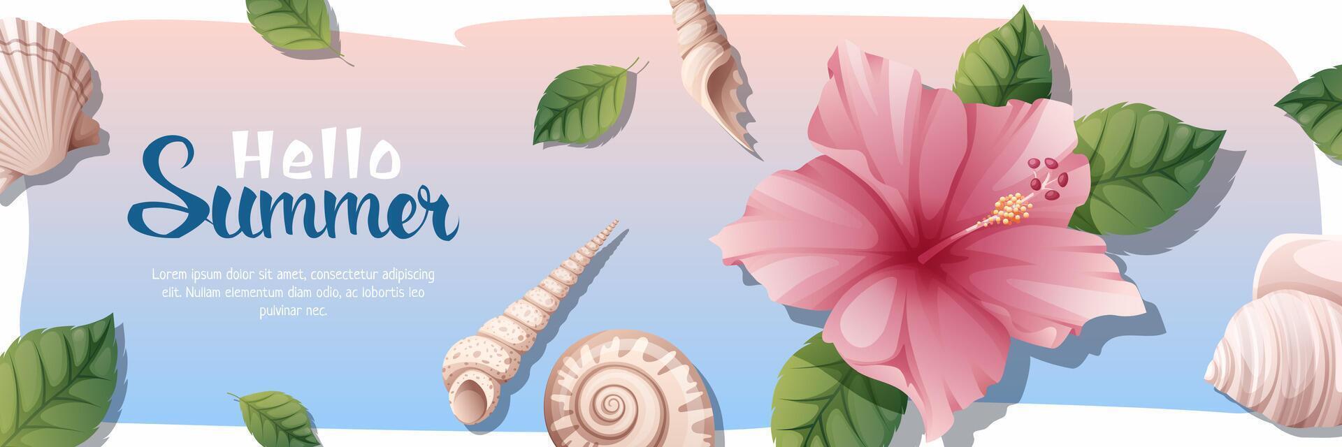 Summer sale banner with hibiscus. Background with tropical flower. Pink flower with shells and clams vector