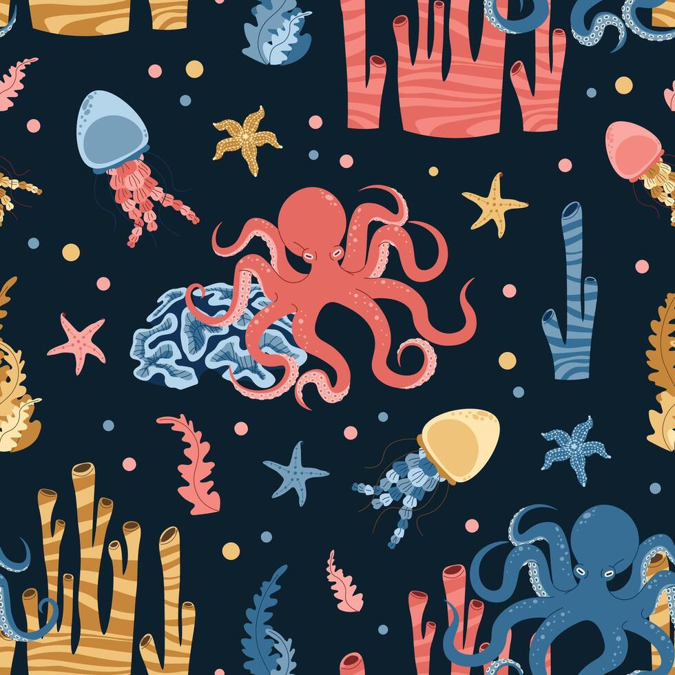 Seamless pattern with cartoon doodle octopus. Background with sea creature in flat style. Suitable for decoration, design, stickers vector