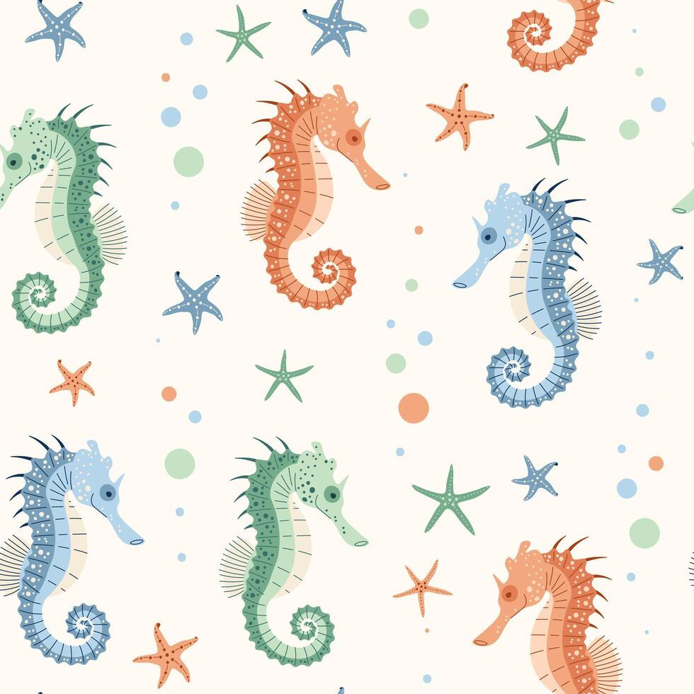 Seamless pattern with cartoon doodle seahorse. Background with sea animal in flat style. Suitable for decoration, design, stickers vector